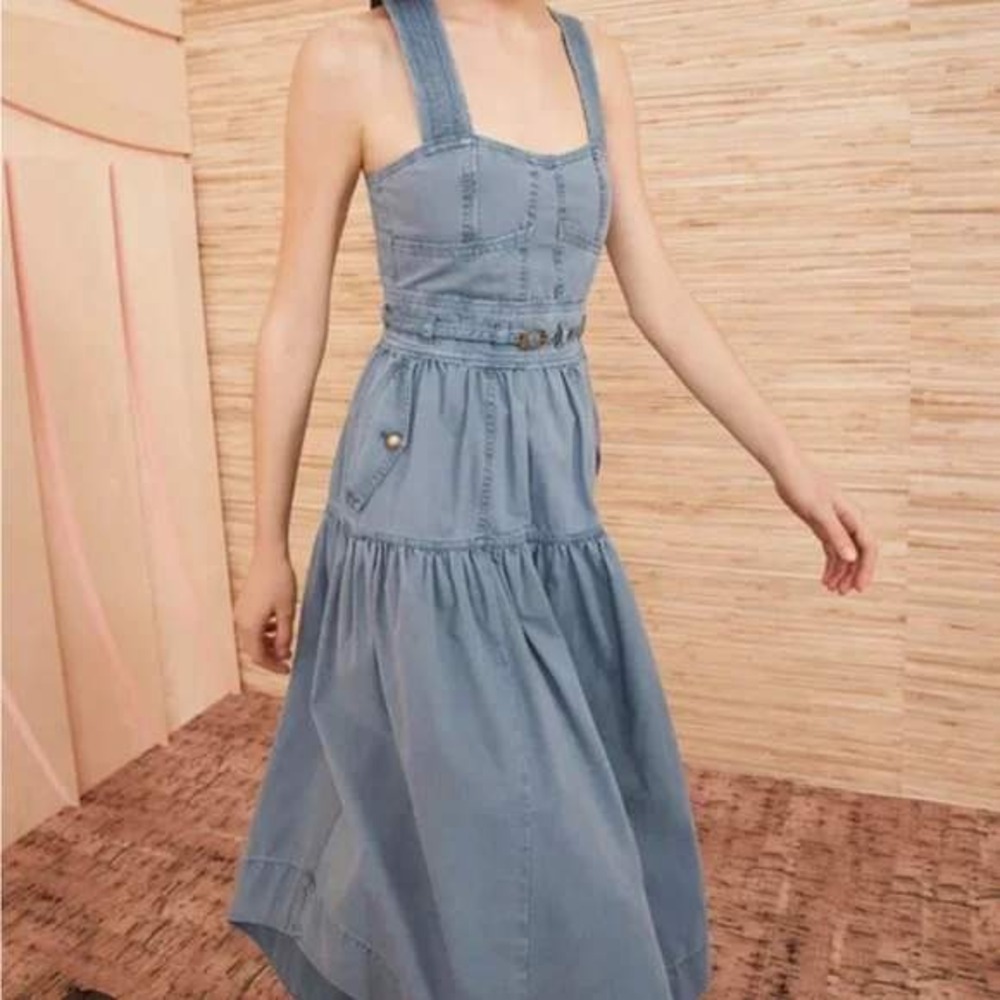 Ulla Johnson Enzo Denim Dress Blue Cotton Tiered Midi Sweetheart Neck Size 4 - Picture 1 of 15
